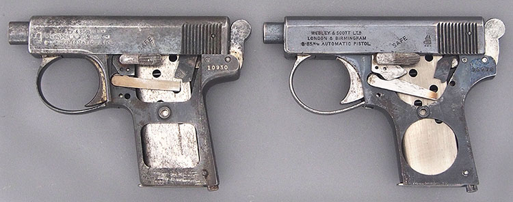 Webley & Scott Model 1907 and 1908 Comparison - left side