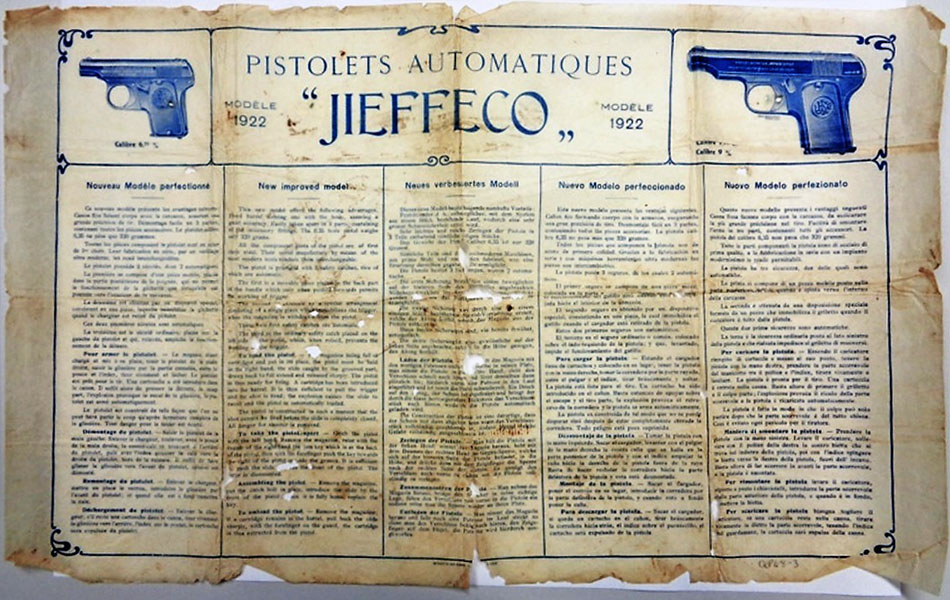 Instructions for the Jieffeco 1922  pistols from the Queensland Police Museum